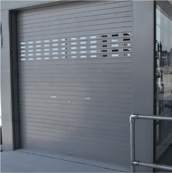 an Ezi-roll commercial roller door in grey